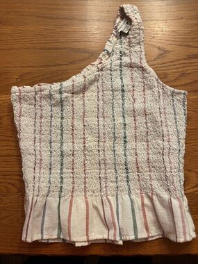 One-Shoulder Smocked Tank - White with Pink & Blue Stripes